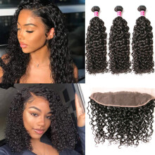 Human Hair Bundles Brazilian Water Wave with 13x4 Lace Frontal Single Donor Natural Color 16 18 20+14