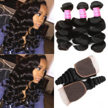 Brazilian Loose Wave Bundles with Closure Unprocessed Human Hair 18 20 22 22+16 Natural Color