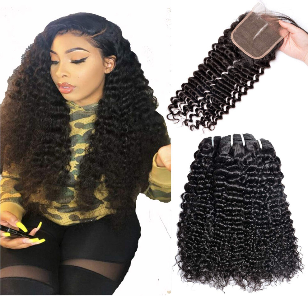 Unisex Brazilian Deep Wave Virgin Human Hair 3 Bundles With 4X4 Middle Part Lace Closure Natural Color
