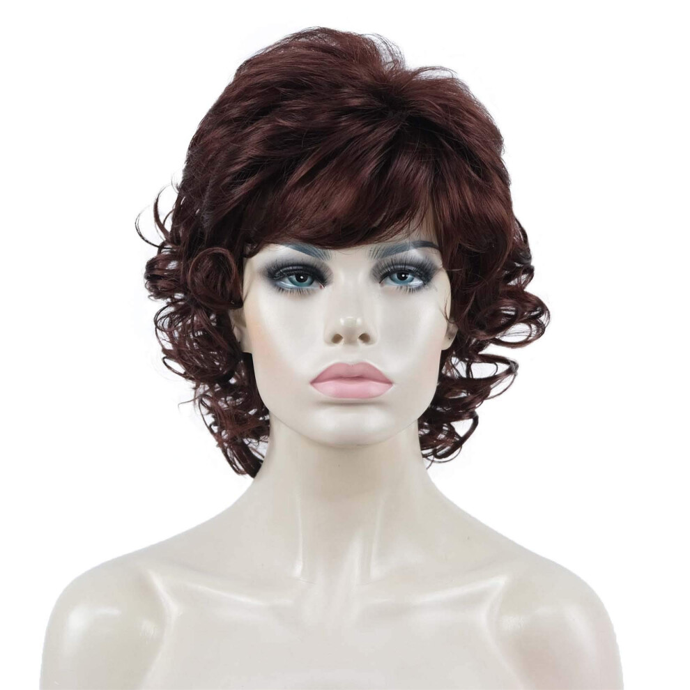 Unisex Red Short Curly Wig For Women Dark Auburn Synthetic 12 Inch With Instant Curly Style And Natural Look
