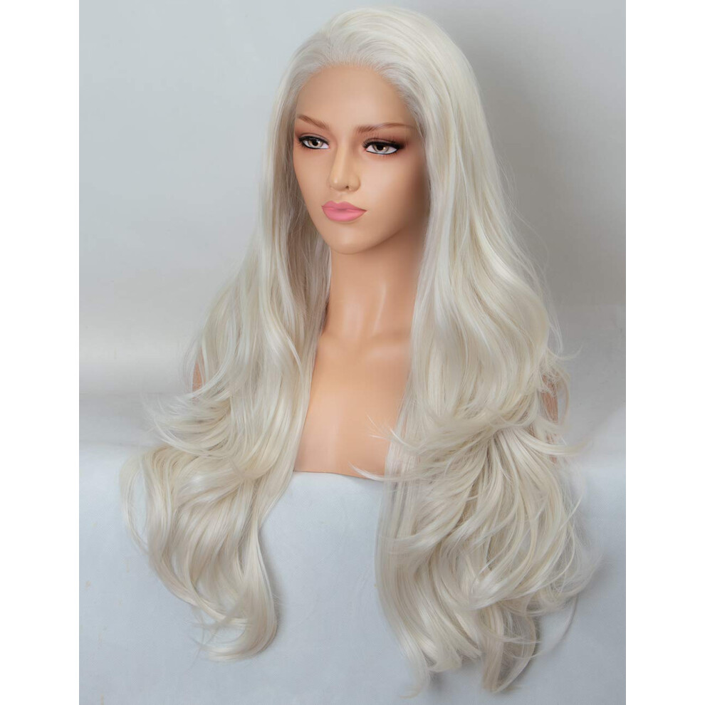 Unisex Silver Platinum Blonde Lace Front Wig 22 Inch Wavy Glueless Synthetic With Natural Hairline