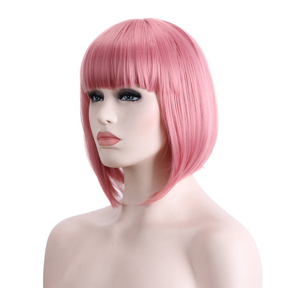 Unisex Pink Short Bob Wig With Bangs Heat Resistant Hairpiece For Cosplay Halloween Or Daily Wear