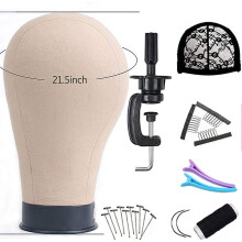 21.5 Inch Cork Canvas Block Head with Tripod Stand, Professional Mannequin Head for Wig Making