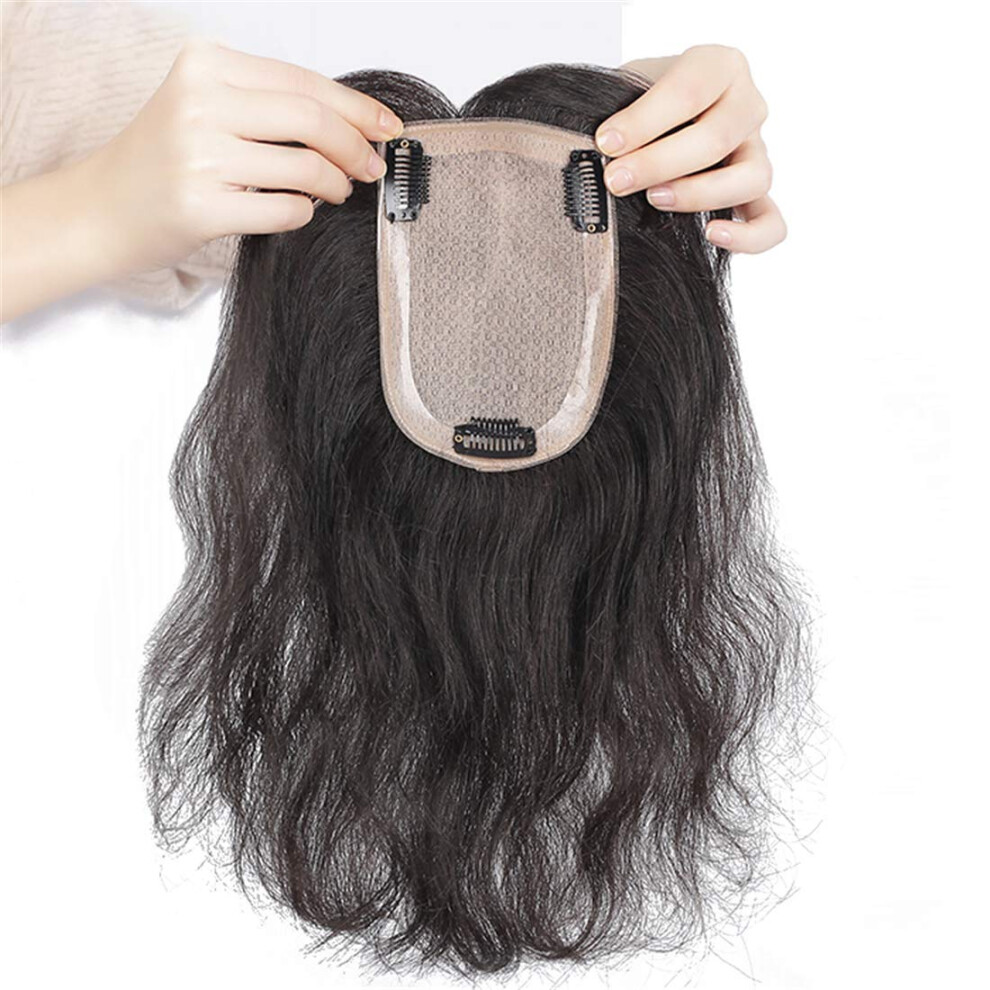 Unisex Black Human Hair Topper With Bangs For Thinning Hair, 10' Off Silk Base, Natural Hairline Design