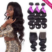 Peruvian Body Wave Bundles with 4x4 Closure Human Hair Weave Set 16 18 20 Inch Natural Texture