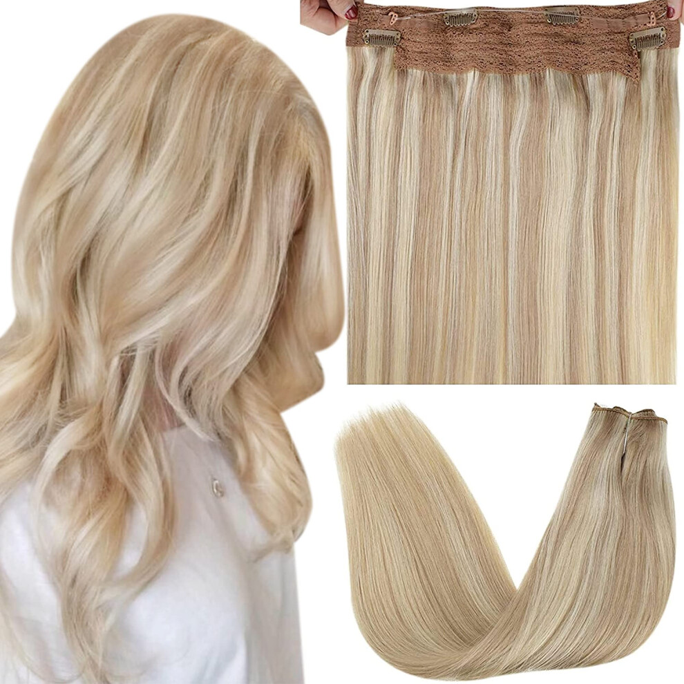 Unisex Human Hair Extensions Ash Blonde To Bleach Blonde 14 Inch Straight Invisible Wire 80G