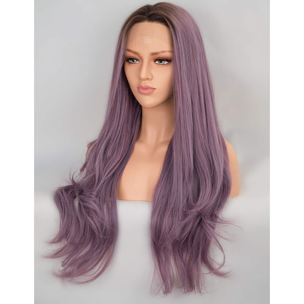Ash Purple Ombre Lace Front Wig Long Wavy Synthetic Glueless Heat Resistant Natural Hair for Women