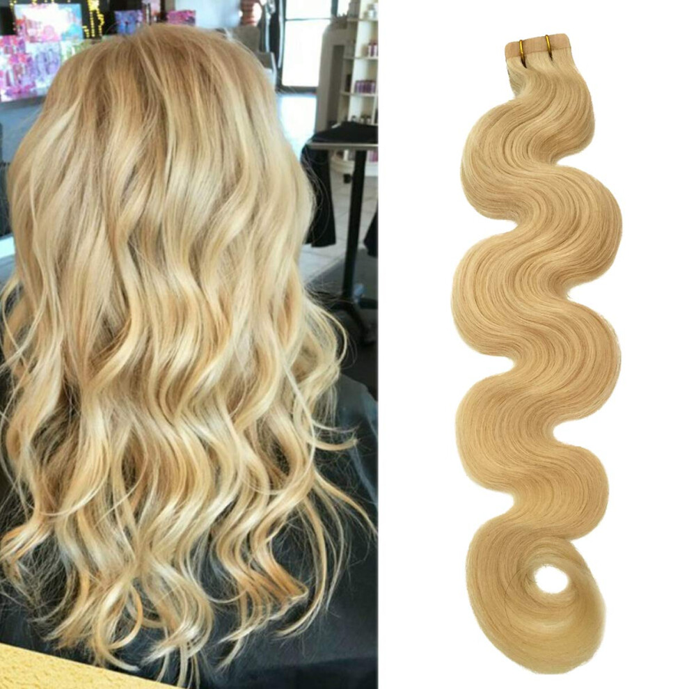 Unisex Brown Tape In Hair Extensions Human Hair And Blonde Highlights Remy Body Wave 50G 20Pcs