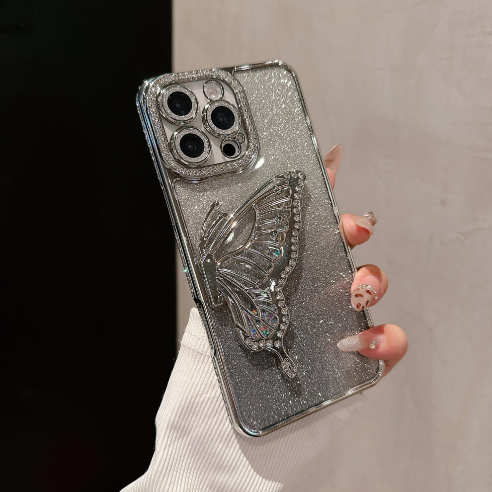 Luxury Glitter Butterfly Case For Iphone 12 Pro Max, Bling Sparkle Liquid Sand Clear Tpu Protective Cover 6.7 Inch Silver 9169991631103
