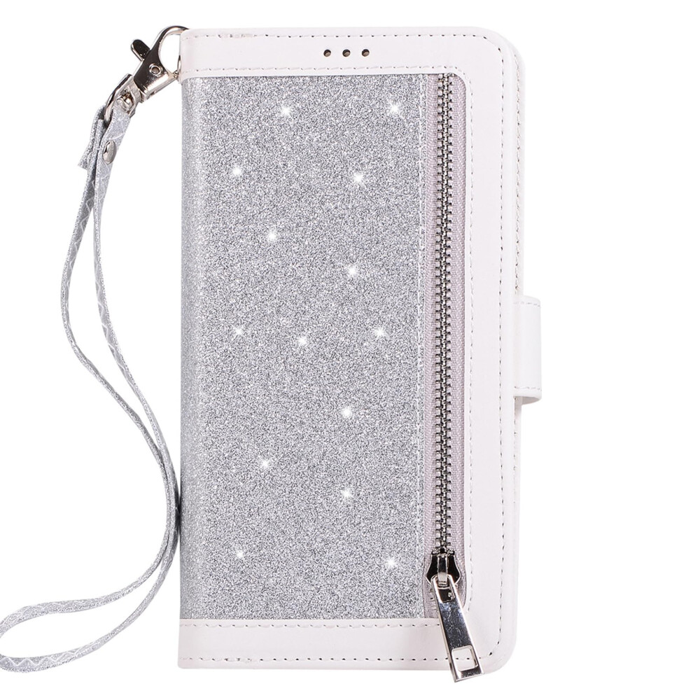 Wallet Case Glitter Leather Zipper Flip Cover With Card Slots Kickstand And Strap For Iphone 16 Pro Silver 9073542617365