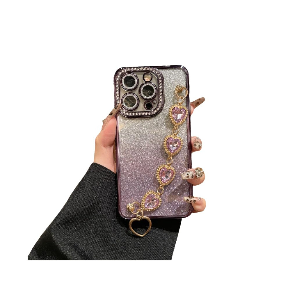 Silicone Case Glitter Bling With Love Heart Rhinestone Wrist Strap Chain Bracelet For Iphone 14 Pro Purple 9169991631592