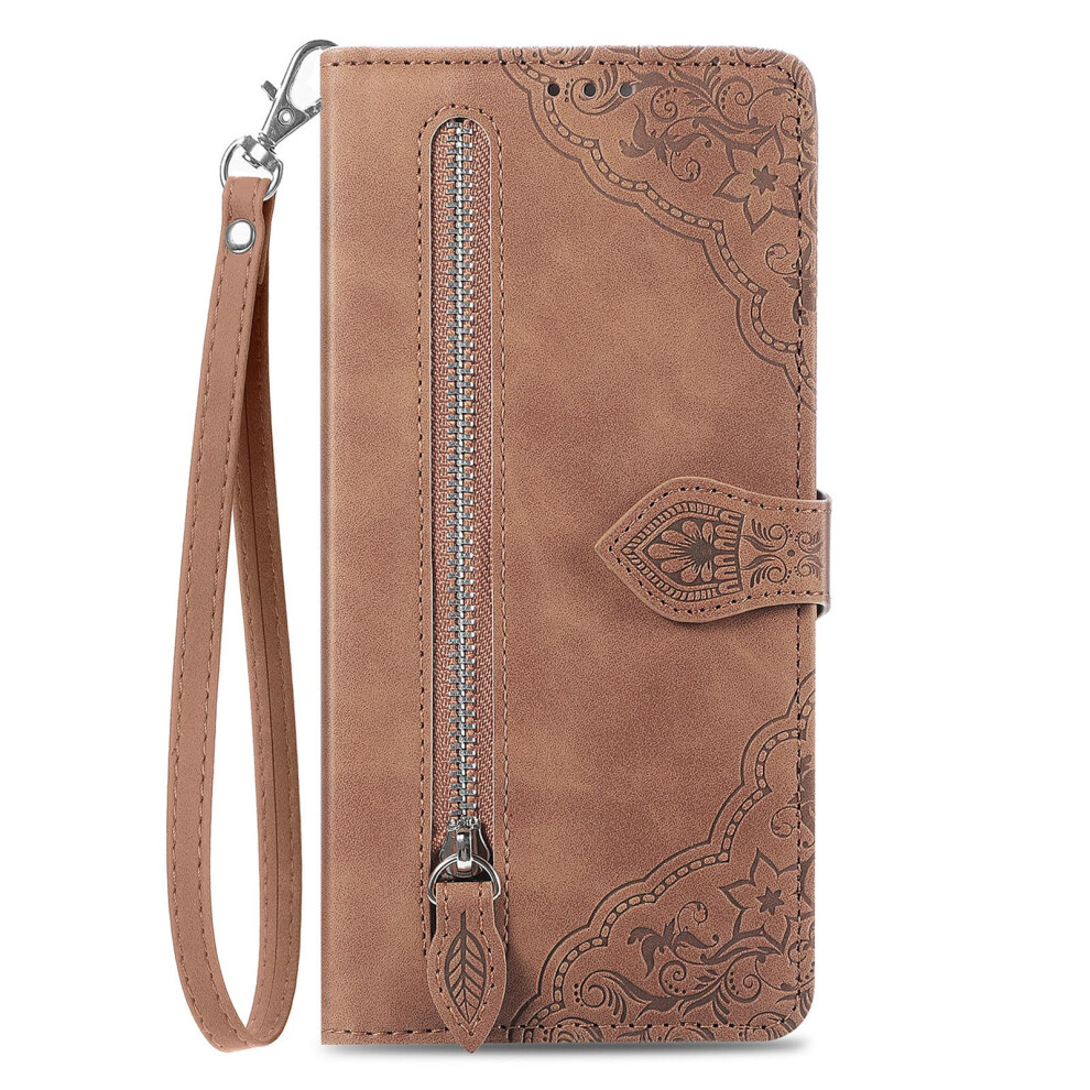Leather Wallet Case With Zipper, 7Card Slots, Embossed Floral Design, Wrist Strap For Iphone 16E Brown 9073542653219
