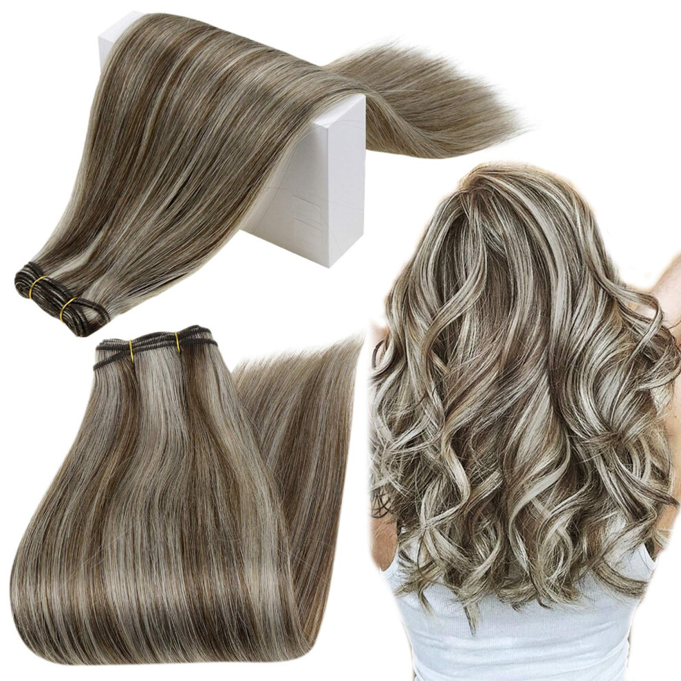 Unisex Brown 18 Inch Remy Human Hair Extensions Blonde Highlighted Weft Invisible Seamless Finish