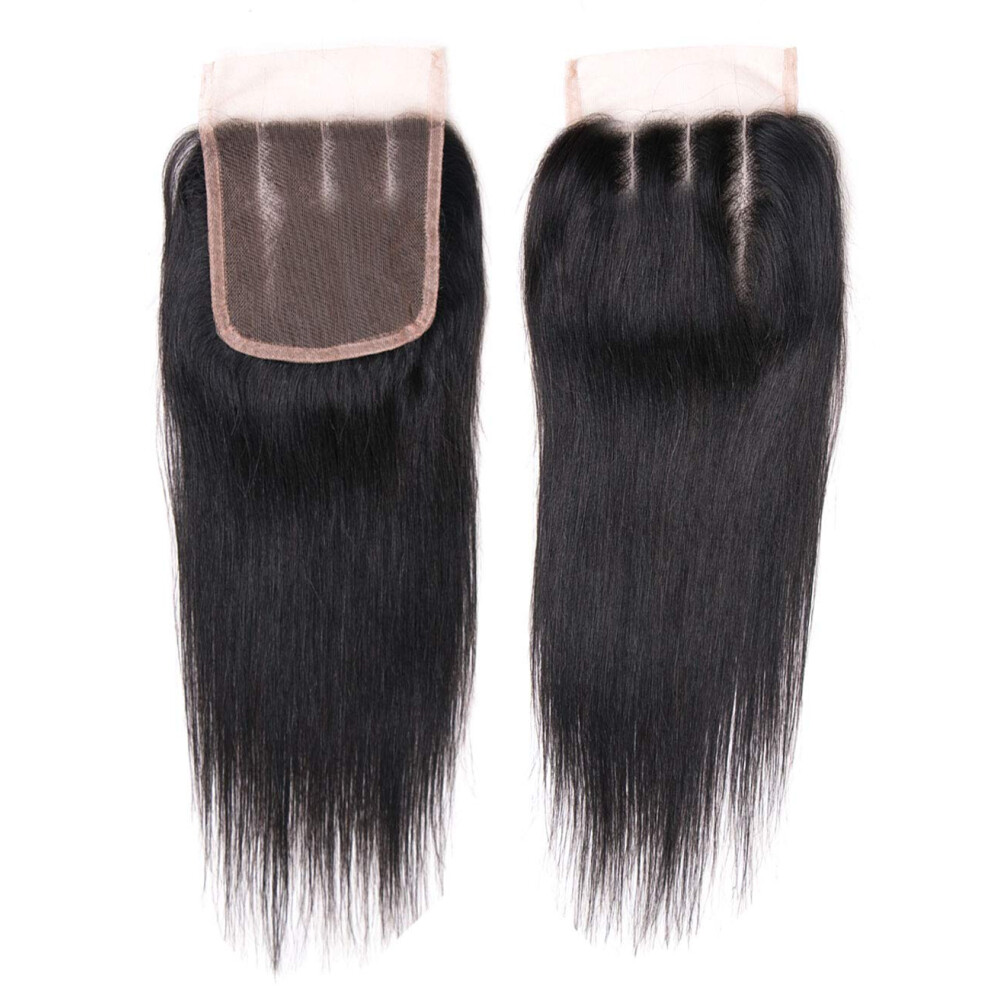 Unisex Brown 16 Inch 4X4 Straight Human Hair Lace Closure Brazilian Virgin Hair Natural Hairline Effect 1B