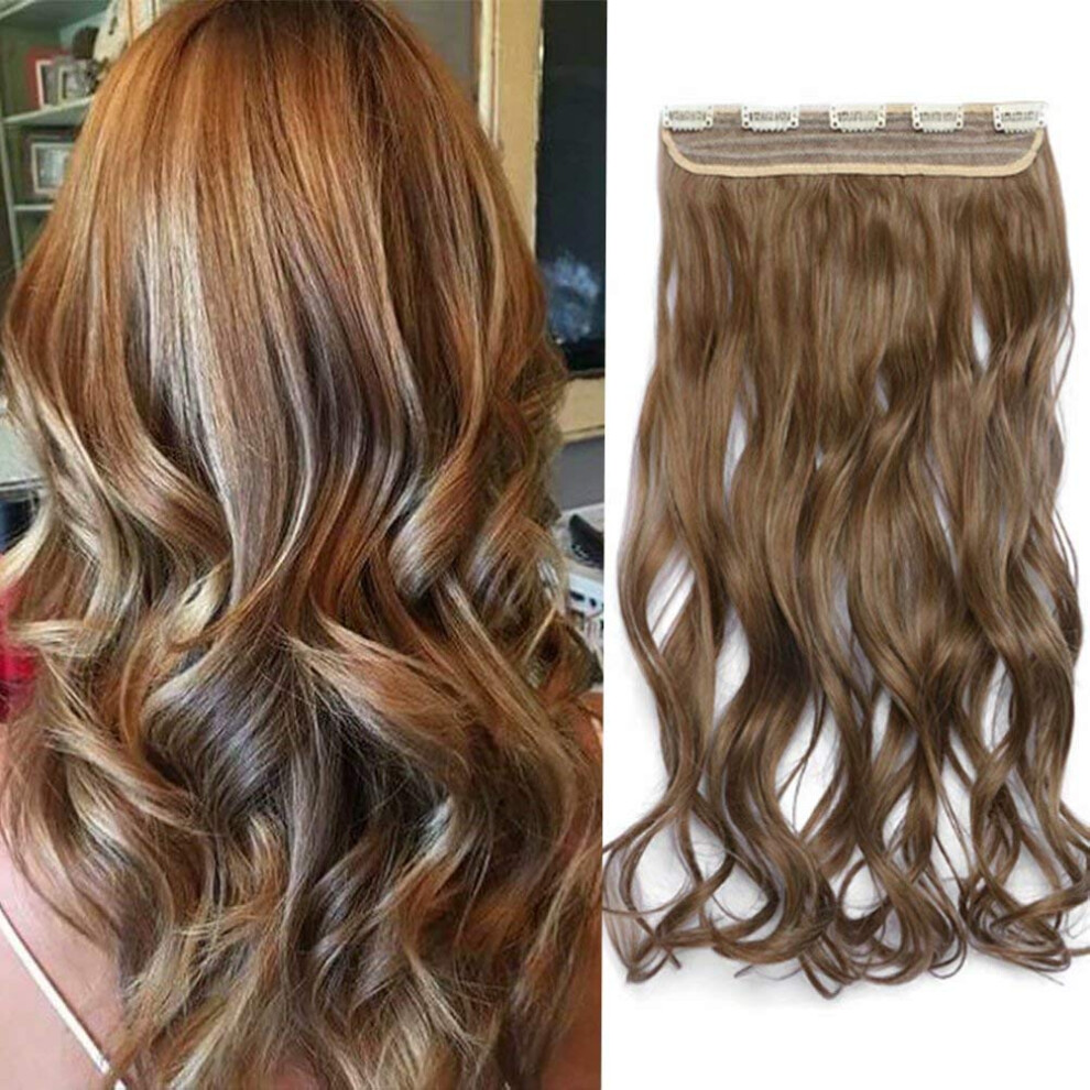 24 Inch Wavy Clip in Hair Extensions Heat Resistant Synthetic Golden Brown Blonde with 5 Clips