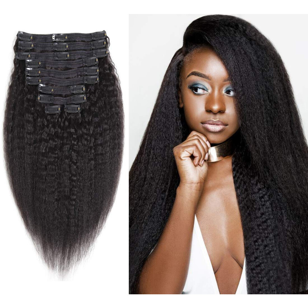 Unisex Black Kinky Straight Clip In Human Hair Extensions Natural 8A Unprocessed Brazilian Remy 12 Inch 10Pcs
