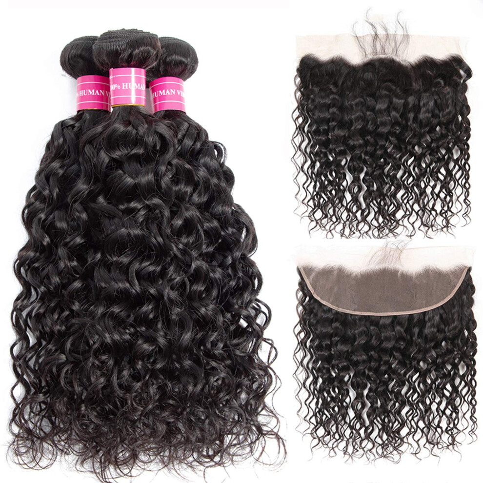 Unisex Brazilian Water Wave Hair Bundles With Frontal 100% Virgin Human Hair 10A Unprocessed Natural Color