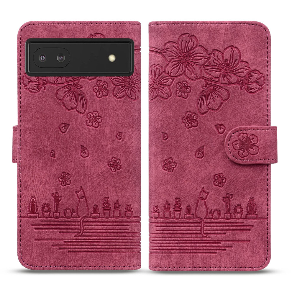 Wallet Flip Case Pu Leather Embossed Cover With Card Slots Stand And Wrist Strap For Google Pixel 6A Red 9771547515784