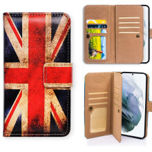 Retro Union Jack Leather Flip Wallet Case with Card Slots and Wrist Strap for Samsung Galaxy S22 Ultra
