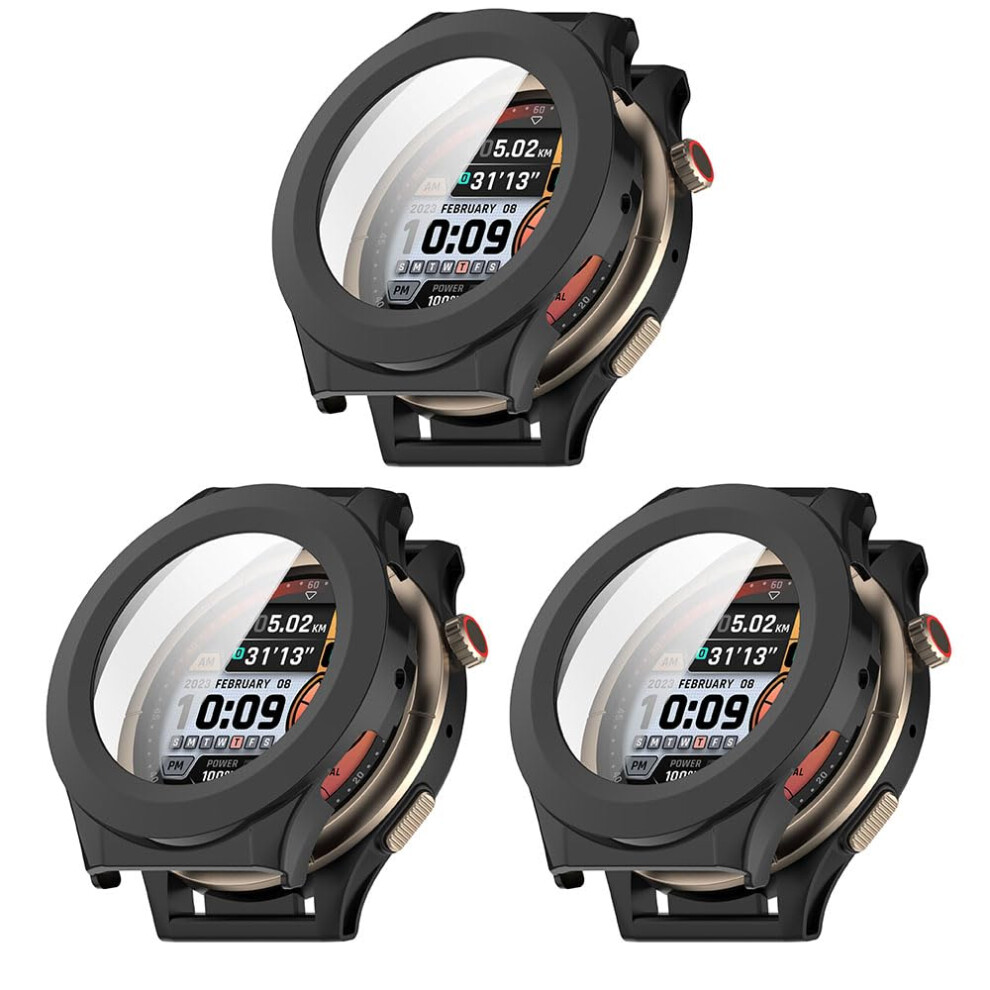 Case For Amazfit Cheetah Pro And Cheetah Round With Full Coverage Tempered Glass, Shockproof, 3 Pack Black 9073542619666