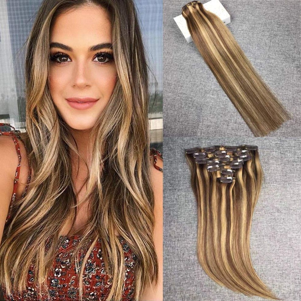 Unisex Brown 16 Inch Clip In Human Hair Extensions Medium Dark Blonde Highlights Remy For Instant Volume