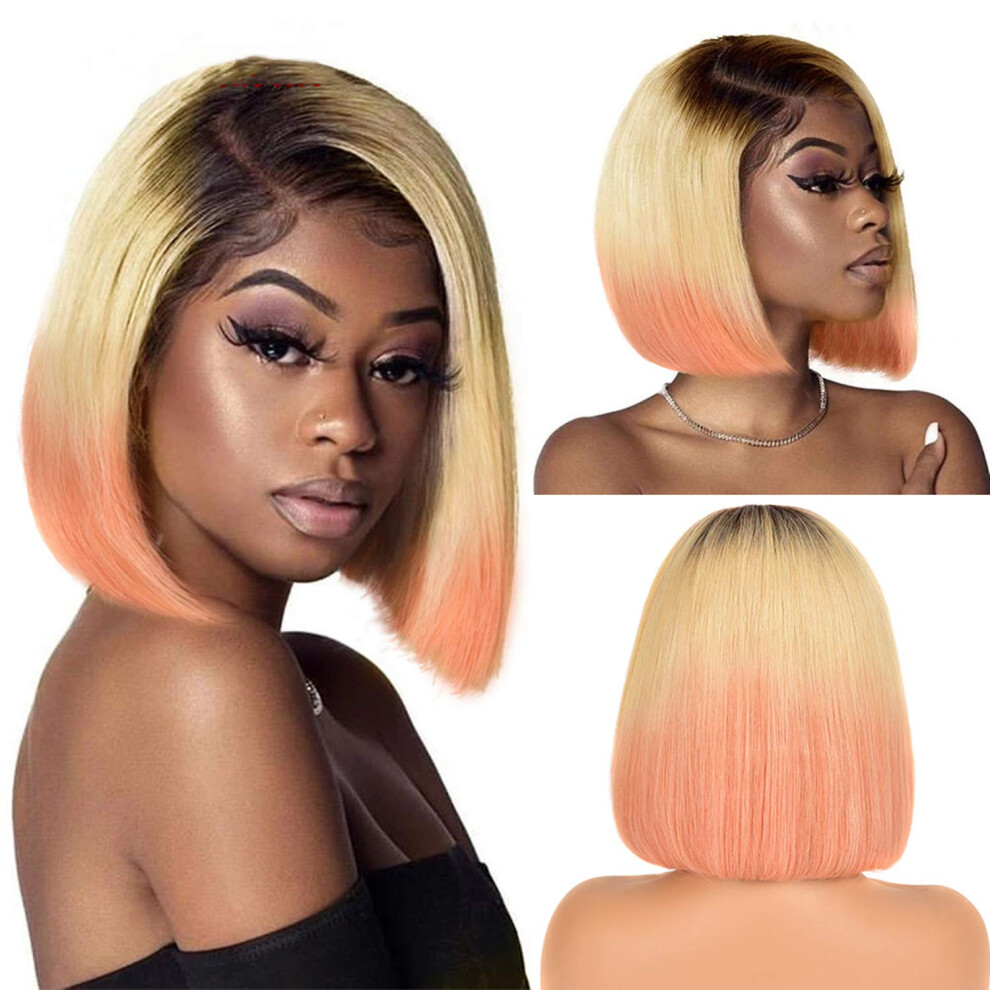Unisex Pink 613 Blonde To Ombre Bob Lace Front Wig Human Hair Preplucked 13X6 Brazilian Straight 12 Inch