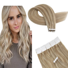Tape in Human Hair Extensions 22 Inch Dark Ash Blonde with Medium Blonde Highlights 50g Remy