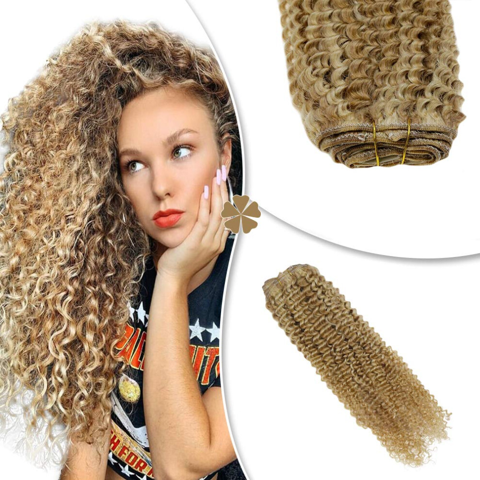 Unisex Clip In Human Hair Extensions Kinky Curly Full Head Blonde Remy For Instant Length And Volume