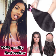 Virgin Brazilian Straight Hair Bundles with 360 Lace Frontal Closure, 8A Grade, No Shedding, Dyable (16 18+14inch)