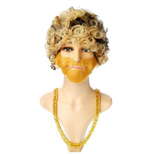 70s Disco Wig with Moustache, Men's Curly Afro Wig Blonde Brown, Retro Party Costume Set
