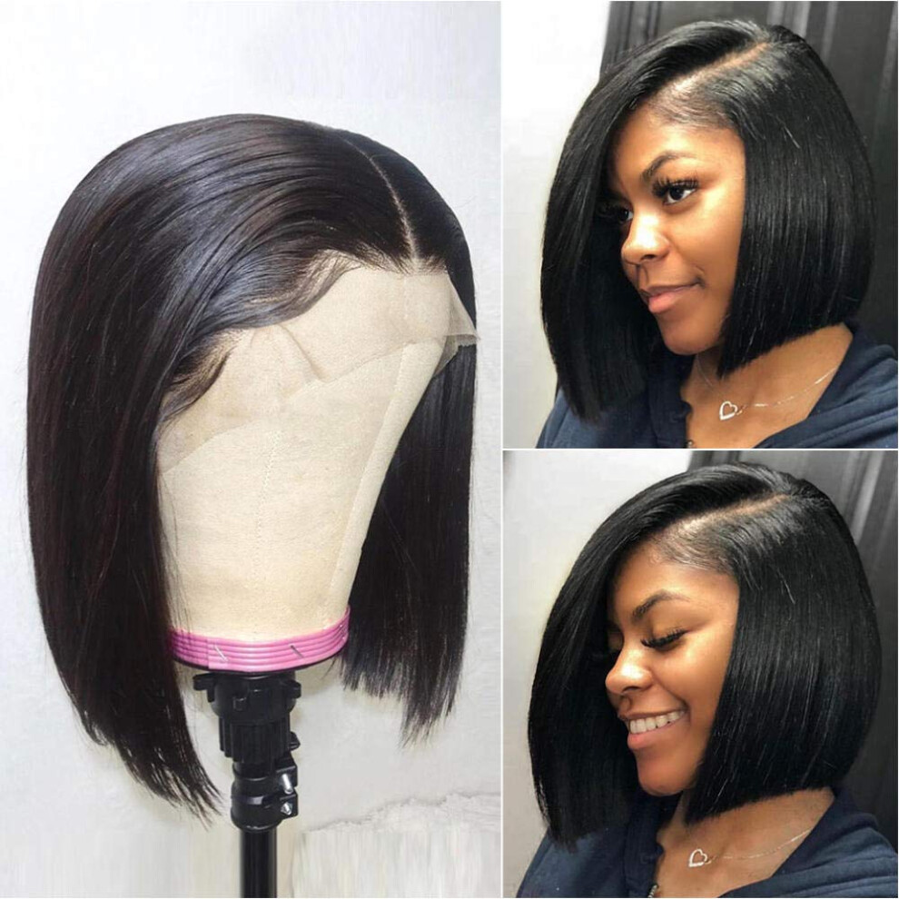 Unisex 12 Inch 180 Density Human Hair Lace Front Wig, Preplucked Brazilian Remy 13X4 Swiss Lace