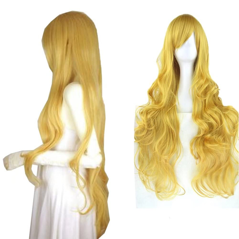 Unisex Yellow Long Curly Wig With Bangs 31.5 Inch Heat Resistant Synthetic Gradient Cosplay Hair
