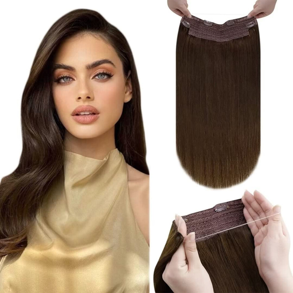 Unisex Brown Wire Hair Extensions 14 Inch Invisible Human Hair, Brazilian Remy, Straight, 80G