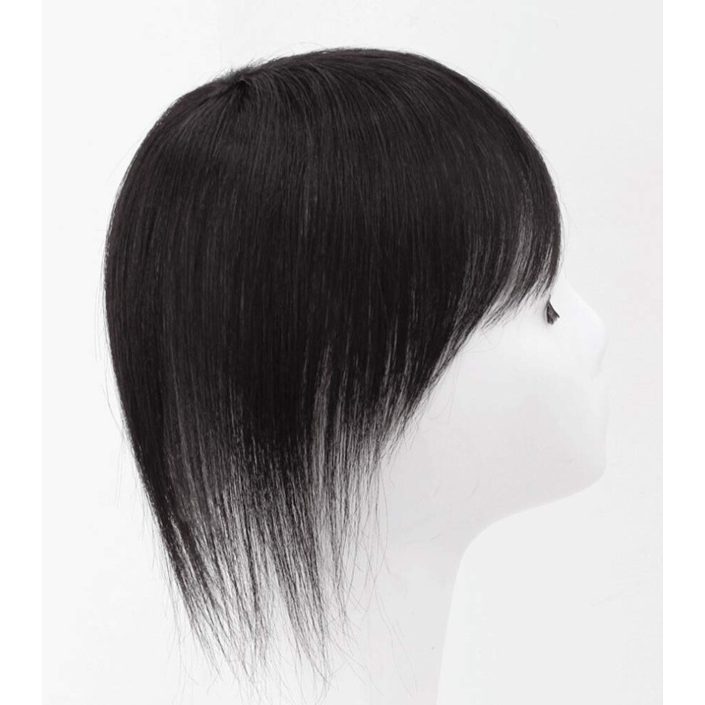 Unisex Black Human Hair Topper With Bangs Clip In Hairpiece 10 Inch Natural For Thinning Hair