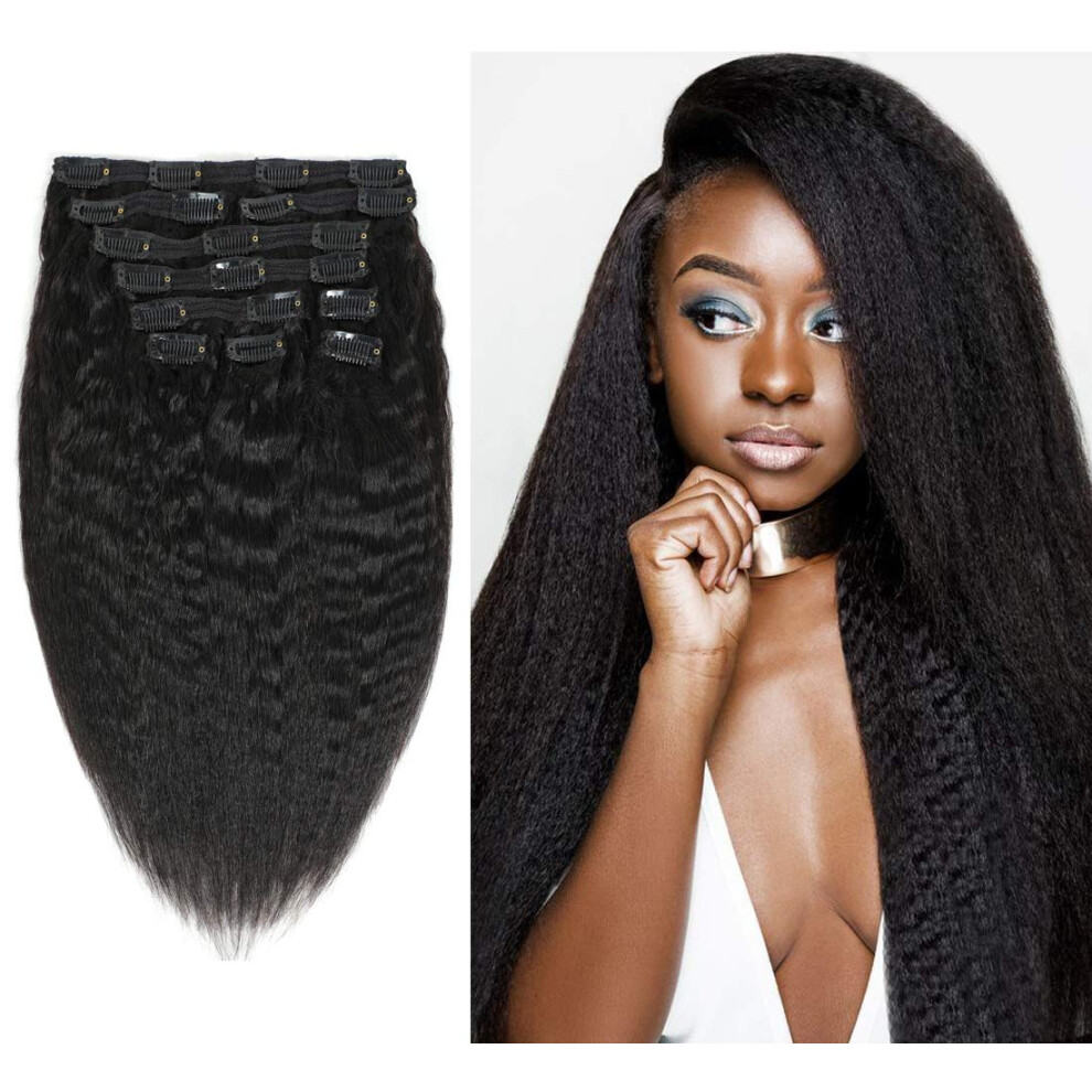 Unisex Black Kinky Straight Clip In Human Hair Extensions 8A Grade Brazilian Remy Natural 16 Inch 120G