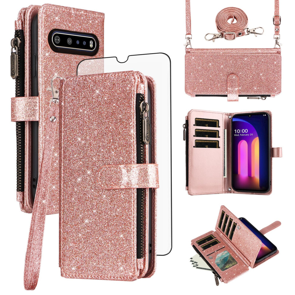 Rose Wallet Case With Card Holder, Strap, Zipper Pocket And Tempered Glass For Lg V60 Thinq Gold 9330225921516