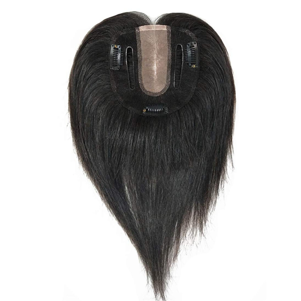 Unisex Black 6 Inch Natural Human Hair Topper With Bangs, Clip In Crown Hairpiece For Thinning Hair