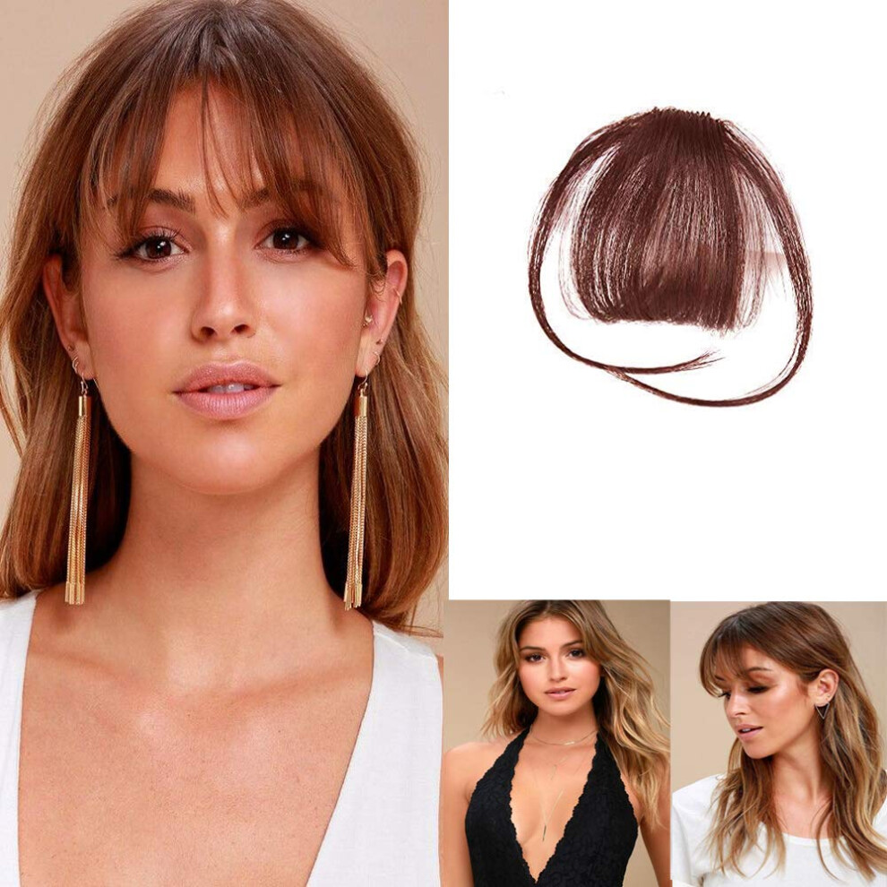 Unisex Brown Light Clip In Human Hair Bangs With Temples, Remy Brazilian Fringe Extensions