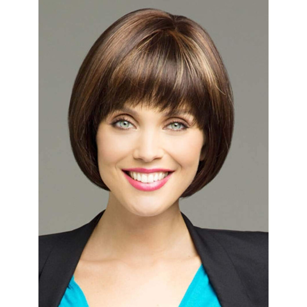 10 Inch Dark Brown Short Bob Wig with Bangs, Straight Synthetic Wig for Women with Highlights