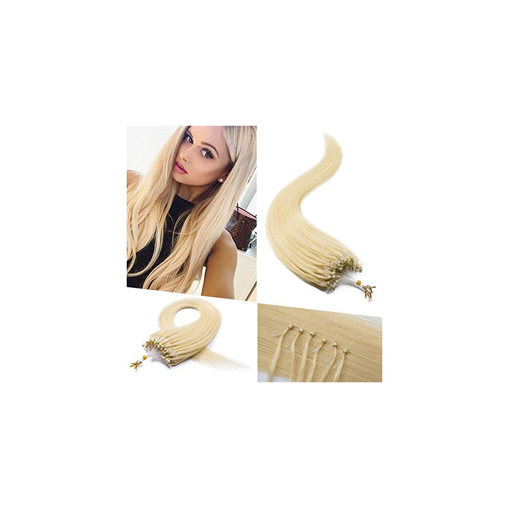 Unisex Micro Loop Ring Human Hair Extensions 24 Inch Bleach Blonde Remy 100 Strands Natural Blend