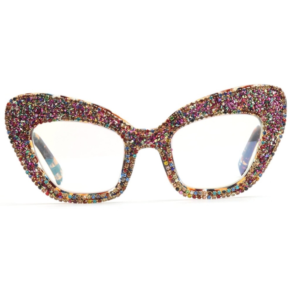 Blue/Light Oversized Rhinestone Cat Eye Reading Glasses For Women, Oprah Style Blocking Readers With 3.5X Clear Magnification