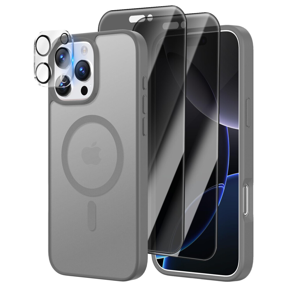 4 In 1 Magnetic Shockproof Case For Iphone 16 Pro With 30 Privacy Screen, Camera Lens Shield And Magsafe Compatibility (Gray) Gray 9073542654933