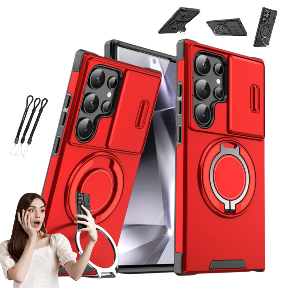 Magnetic Phone Case With Slide Camera Cover, Shockproof Dual Layer Kickstand Design (Red) For Samsung S22 Red 9073542655015