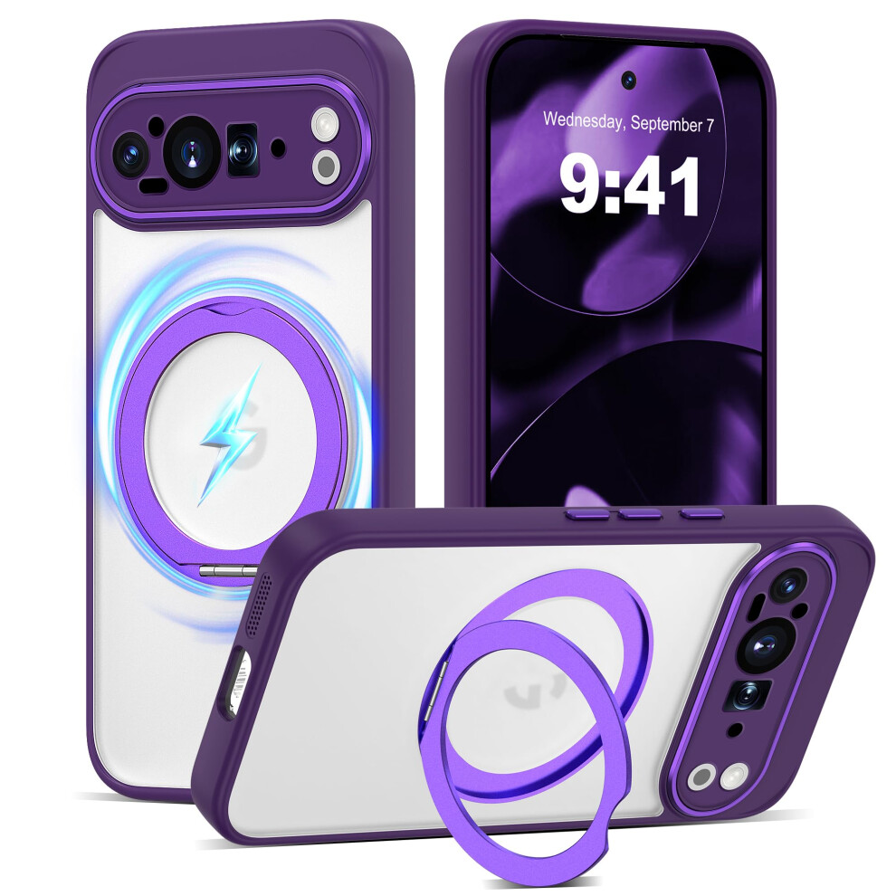 Magsafe Compatible Magnetic 360 Ring Stand Shockproof Translucent Cover Case For Google Pixel 9 Pro Purple 9771547517078