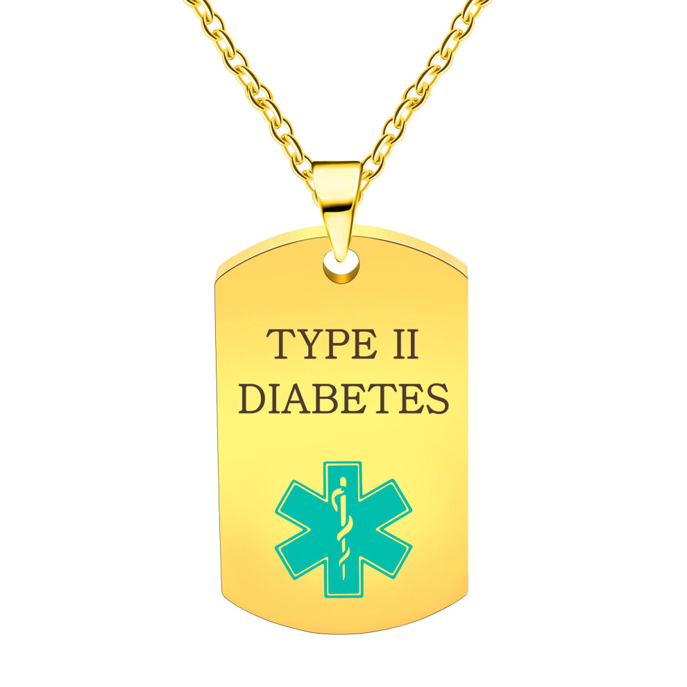 Type 2 Diabetes Medical Alert Necklace with Teal Caduceus Symbol Pendant, Durable Gold Plated Connector for Adults