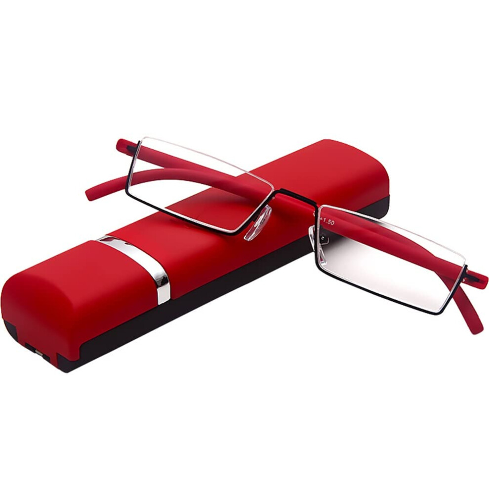 Reading Glasses +2.5 Half Moon Rectangle Readers for Men and Women, Lightweight Red Frame