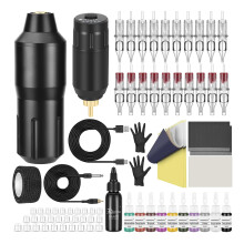 Wireless Rotary Tattoo Machine Kit with Power Supply, 20 Needles, 10 Ink Colors for Beginners