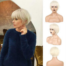 Silver White Short Pixie Cut Wig with Bangs for Women, Heat Resistant Synthetic Hair
