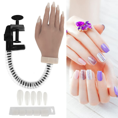 Nail Training Hand Realistic Silicone Bendable Manicure Practice Hand with 100 Nail Tips 1