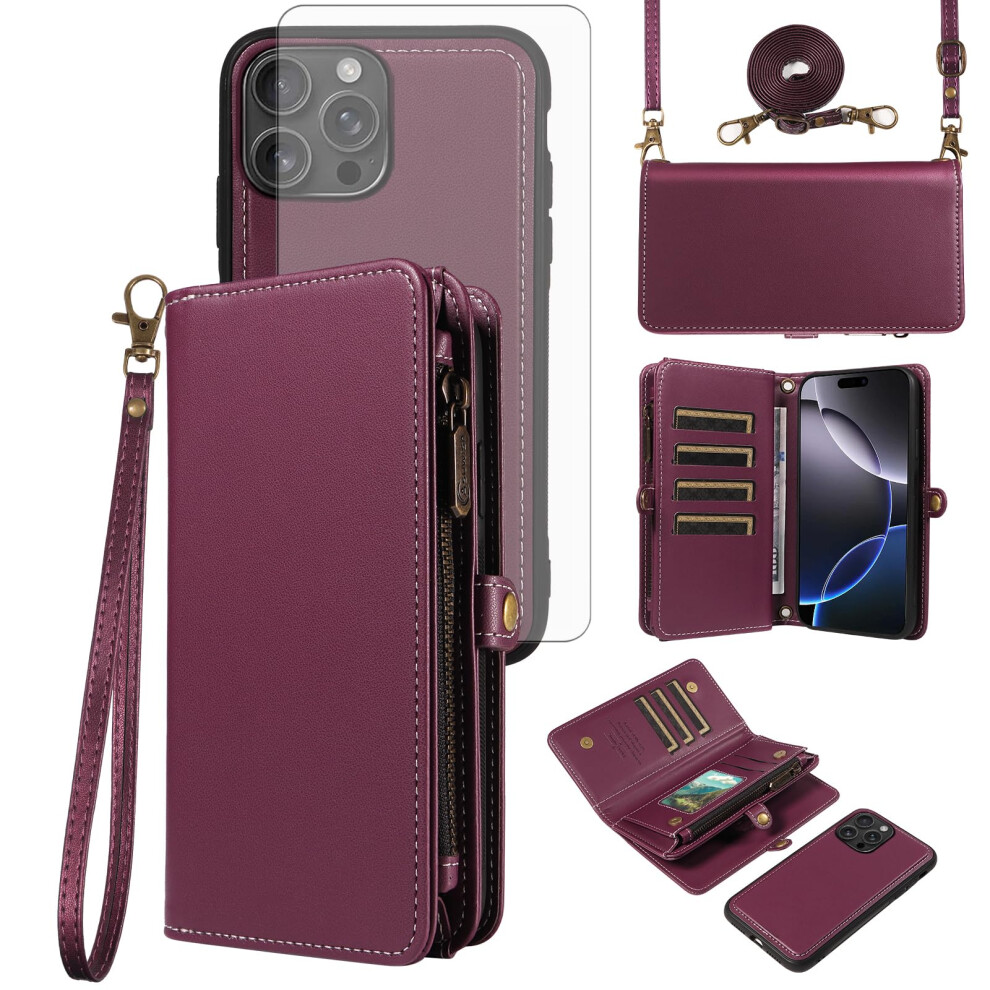 Zipper Wallet Case With Card Holder, Magnetic Detachable Cover And Crossbody Strap For Iphone 16 Pro Max 9771547518181